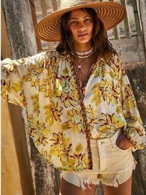 We The Free Good Vibrations Yellow Shirt Sunflower Print Button Down M Boho Top